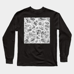 Dinosaur skull sketch tiled pattern white Long Sleeve T-Shirt